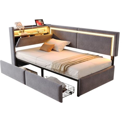 Lit rembourré canapé-lit 90x200 cm avec éclairage LED et ports de charge USB, tête de lit ouvrable pour le rangement avec tiroir de rangement, tissu velours gris foncé (1/5)