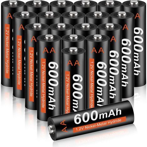 Piles AA 20 Pièces - Piles Rechargeables AA 600mAh 1.2V NI-MH, Préchargées, Faible Auto-décharge Idéal pour Les Lampes Solaires, la Télécommande, Les Jouets électriques (1/5)