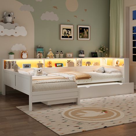 Lit plateforme bois 90x200 cm en L lit gigogne tiroir rangement structure blanche moderne (1/5)