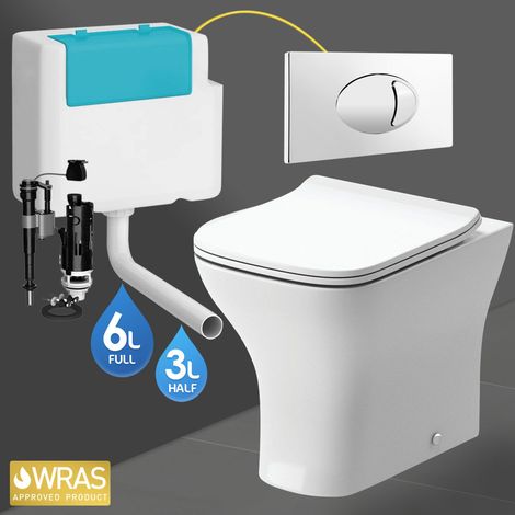 Square Back to Wall Toilet Pan, Seat & BTW Concealed Cistern - Chrome Flush Plate (1/4)