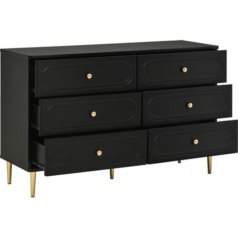 Buffet moderne à 6 tiroirs, détails ovales, pieds en métal, noir (1/5)