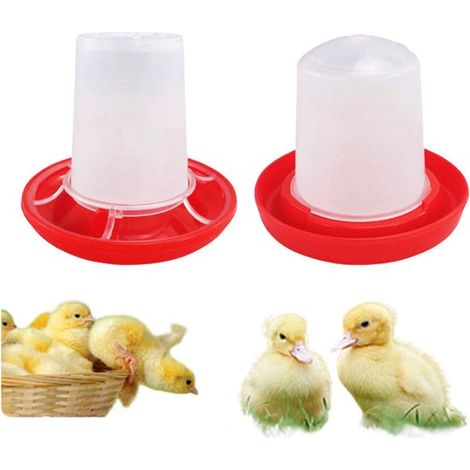 Juego de dos piezas para alimentar aves de corral: comedero y bebedero para pollitos, cubo de agua para aves de corral, rojo (1/5)