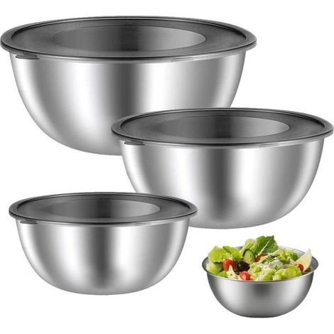 3 Pièces Bols à Mélanger en Acier Inoxydable, Saladier Bol à en Acier Inoxydable, Bol inox avec Couvercle, 2.1L+1.2L+0.7L Label (1/4)