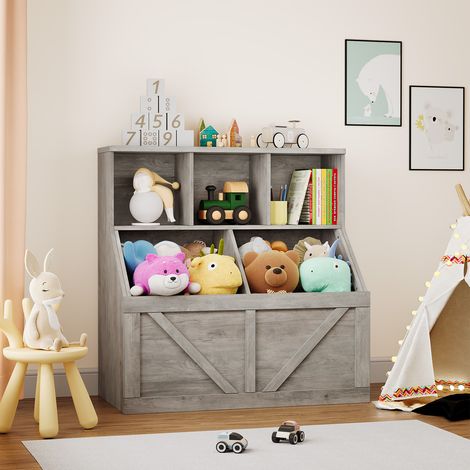 Rangement pratique pour enfants - Bibliothèque et meuble à jouets - Grandes étagères et casiers - Idéal chambre, salle de jeux, crèche - Montage facile - Couleur : gris (1/5)