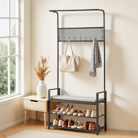 Meuble d'Entrée 183 cm 3 Niveaux, Porte Manteaux avec Banc à Chaussures, Rangement pour Couloir Chambre Dressing et Salon, Vestiaire d'Entrée Autoportant, avec Tringle et Plusieurs Patères (1/5)