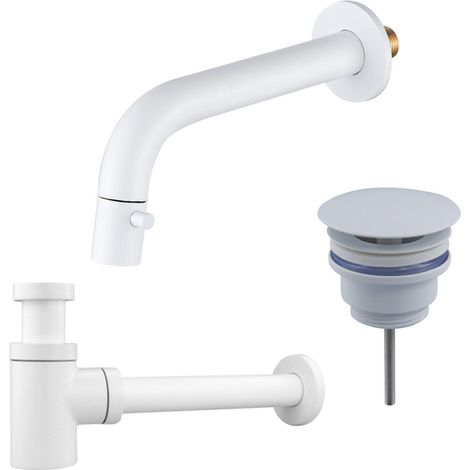 FugaFlow Eccelente Ensemble robinetterie pour fontaine - encastré - bec 18cm - raccourcissable - siphon - bouchon toujours ouvert - mat blanc (1/5)