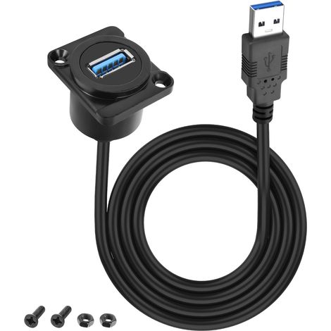 D-Type USB Panel Mount à USB 3.0 Adapter Cable 5Gbps Type-A Mâle à Type-A Femme Panel Mount Extension Cable Charge Socket Connector - 1M/3.2FT (D-Type) (1/5)