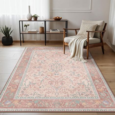 Tapis Salon Vintage Lavable en Machine Antidérapant, Rose, 120X170CM (1/5)
