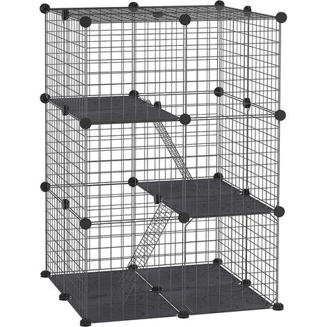 Cage noire 3 niveaux avec rampes personnalisable pour cochons d'Inde et lapins, 70x70x105 cm, habitat complet design (1/5)