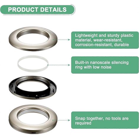 Lot de 50 œillets pour rideaux, anneaux de rideaux en plastique de 40 mm (1-9/16 po) de diamètre intérieur, anneaux à clip à faible bruit de type romain pour fenêtres/tissus, (1/5)