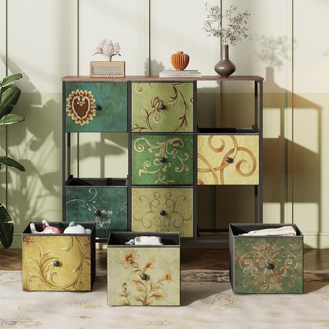Fortuna Lai – Commode enfant 9 tiroirs vintage – Rangement spacieux 100x30x87 cm – Structure en métal robuste – Décor floral coloré (1/5)