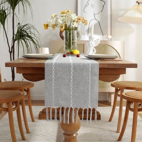Camino de mesa estilo campestre con borlas, Largo 200 cm, como decoración de tocador y como decoración de comedor (33 x 200 cm) (1/5)