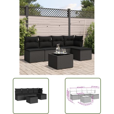 The Living Store 6-tlg. Garten-Sofagarnitur mit Kissen Schwarz Poly Rattan - Gartensorte - Gartenmöbelset - PE-Rattan Möbel - Outdoor Sofa - Lounge Set