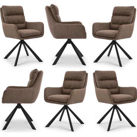 Bon Furni Tela texturizada Silla de comedor Marrón Mocha, Set de 6, giratoria 360°, con respaldo segmentado, reposabrazos y patas de metal robustas