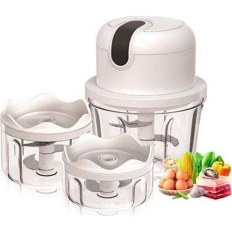 Picadora eléctrica con conexión USB, 100 ml, 250 ml, 300 ml, picadora multifuncional y prensa de ajos para carne y verduras (1/5)