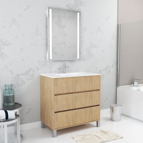 Pack Mueble de Baño 80cm Roble Claro 3 cajones, Lavabo, Espejo 60x80 con luz Led integrada