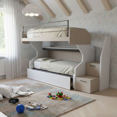 Letto a castello scorrevole con letto estraibile - La soluzione 3 in 1 per la cameretta - bianco e tessuto