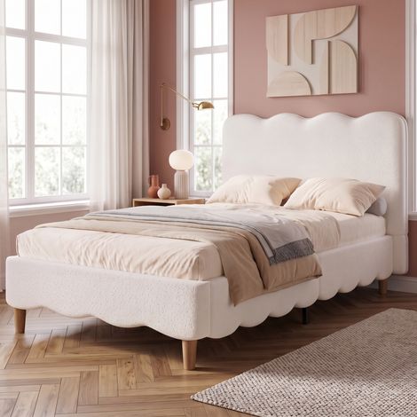 Lit rembourré, lit simple, lit enfant 90 x 200 cm, lit avec sommier à lattes et tête de lit, pieds de lit en bois massif, tête de lit rembourrée, bouclé, blanc (1/5)