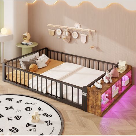 Lit 140x200 cm noir – cadre métallique avec rangement, LED, sans matelas (1/5)