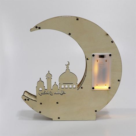 Ramadan-Dekoration aus Holz, LED-Licht, Eid Mubarak, durchbrochener goldener Mond, festliche Lampe (1/5)