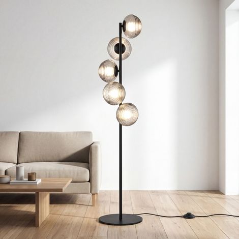 Stehleuchte Schwarz Grau 160 cm Metall Rauchglas 5x E27 Modern Stehlampe Wohnzimmer