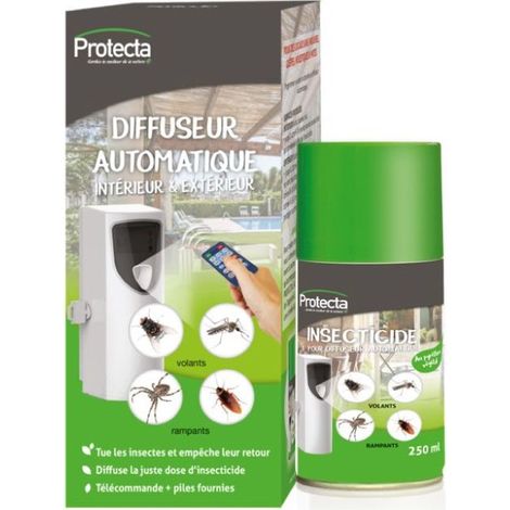 Diffuseur automatique d'insecticides au pyrèthre végétal – Protection jusqu'à 40 m² – Télécommande pour dosage variable – Recharge incluse – Protecta