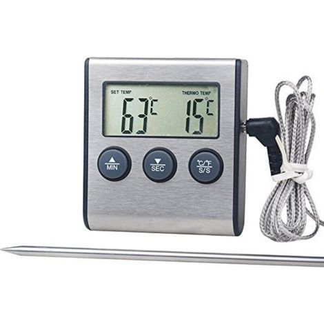 Crezuo Magnetisches digitales Fleischthermometer „Küche“ mit Timer, Batterie enthalten, Schwarz/Silber – Universelles Lebensmittelthermometer für Fleisch, Grill und Backofen –