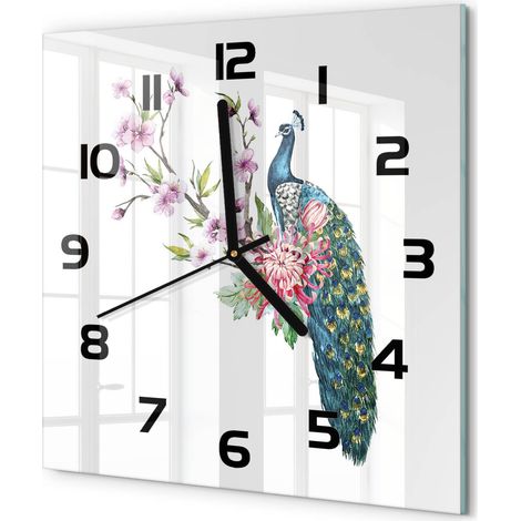 Horloge Murale Carrée Design Moderne en Verre Trempé Silencieuse pour Salon Paon et fleurs 30x30 cm (1/5)