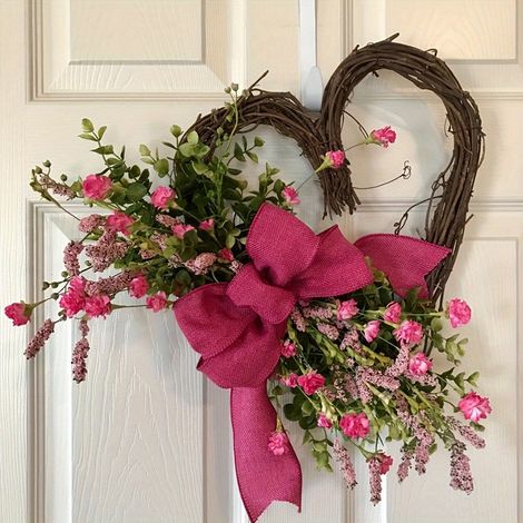 Guirlande En Forme De Coeur - Décoration Porte Extérieure Intérieure - Roses Artificielles Rouges - Pour Saint-Valentin Mariage Anniversaire - 1 Pièce (1/5)