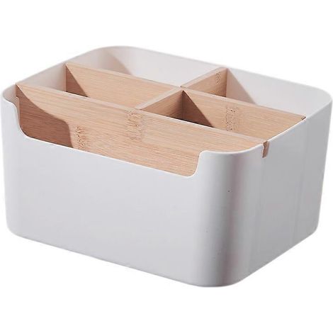 Organiseur de bureau en bambou à 5 compartiments avec porte-stylo, boîte de rangement pour stylos, cosmétiques et petits objets, blanc (1/5)