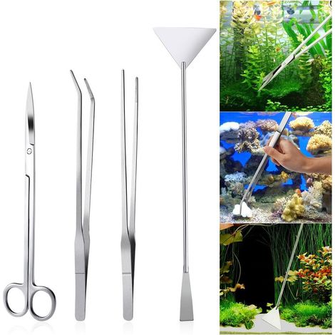 Questo set di attrezzi per l'allestimento dell'acquario, composto da quattro pezzi, include pinzette, forbici e una paletta in acciaio inossidabile, ideali per le piante d'acquario. (1/4)