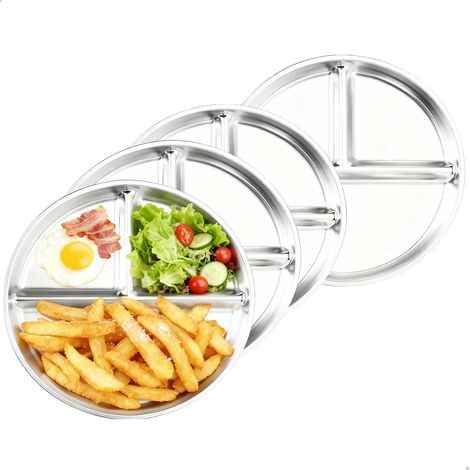 Edelstahlteller – 4er-Set – Edelstahl 304 – 3 Fächer – Rutschfest – Für Camping und Zuhause – 23 cm (1/5)