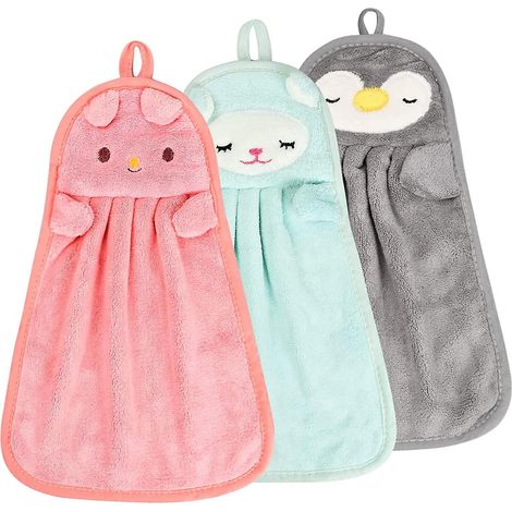 Lot de 3 serviettes de toilette mignonnes à motifs d'animaux avec boucle de suspension, serviettes pour enfants (1/5)