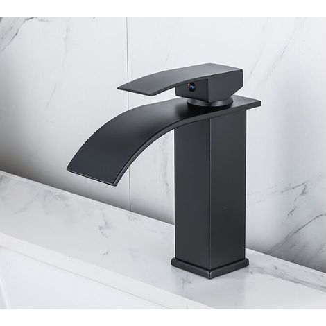 Robinet cascade en laque Lavabo à poser chaud et froid Toilettes Armoires de salle de bain Robinet monotrou Robinet de lavabo cascade, Mitigeur cascade noir, Robinet de salle de bain monotrou en laito (1/4)