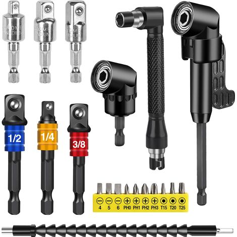 Kit de 20 pièces d'accessoires d'angle à 105° pour tournevis, accessoire d'angle avec rallonge, accessoires pour tournevis sans fil, arbre flexible pour perceuse angulaire électrique (1/5)