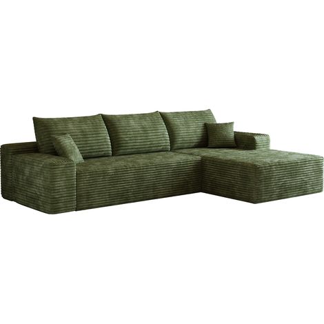Sofá rinconera modular de 270 cm en tejido de pana verde, con chaise longue en L