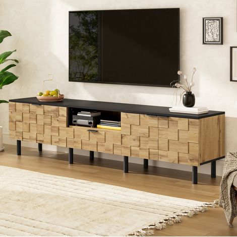 Meuble TV Noir et bois –170 x 35 x 44,5cm–Rangement pratique avec espaces ouverts et 1 tiroirs –pieds métal–Natural (1/5)