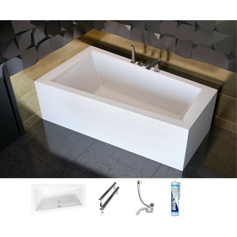 ECOLAM Badewanne Eckbadewanne 150x85 LINKS Eckwanne Trapezwanne Intima + Schürze Ablaufgarnitur Füße Silikon moderne Wanne Acryl
