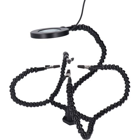 Station de soudage 3x bras flexibles avec 5 pinces crocodiles, loupe USB et lumière LED, support ABS noir pour réparation électronique (1/5)