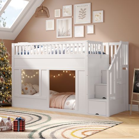 Letto a soppalco per bambini 90x200 cm in legno e MDF bianco con scala contenitore - MEUBLIV (1/5)