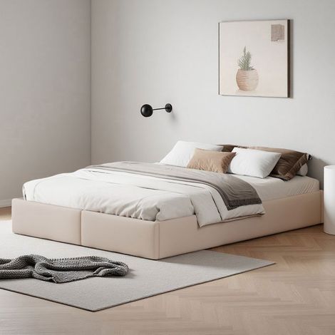 Cama 160x200 cm - ORW07 - hidráulica - Contemporáneo - Lino - marco de cama para adultos 160x200 cm - 280 kg - Beige