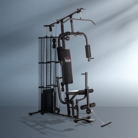 Kraftstation Fitnessstation Fitnessgerät Multifunktion Krafttraining Multistation Trainingsstation mit Latzug Butterflystange 45kg Gewichten Seil, Fitnessgeräte für Zuhause Schwarz