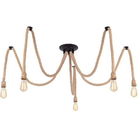 royaluxe- Lampe À Suspension en Corde de Chanvre 5XE27 Plafonnier Vintage Lampe Suspendue Rétro Pour Salon, Salle À Manger, Bar, Balcon