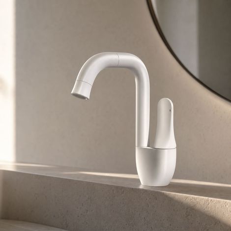 Robinet lavabo mitigeur en laiton massif, finition gris brossé PVD, bec pivotant 360°, eau chaude et froide, design élégant pour salle de bain (1/5)