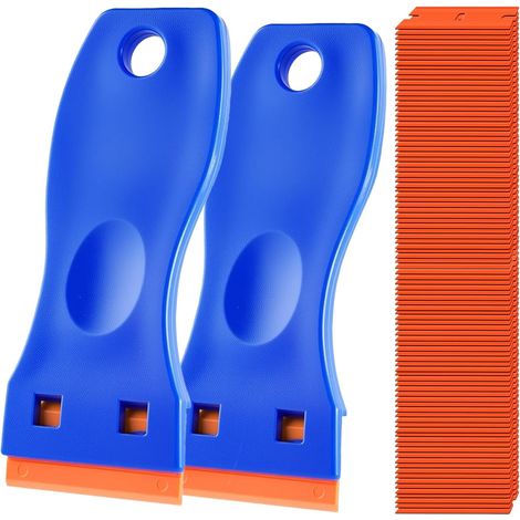 Lot de 2 outils de grattoir en plastique avec 110 grattoirs en plastique pour enlever les autocollants, la colle, les décalcomanies dans le verre, la fenêtre, le sol, la voiture (1/4)