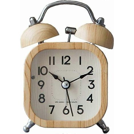 Reloj despertador analógico cuadrado de madera de 9,9 cm (3,9 pulgadas), doble campana, súper silencioso, sin tictac, pequeño, con luz nocturna, funciona con pilas.