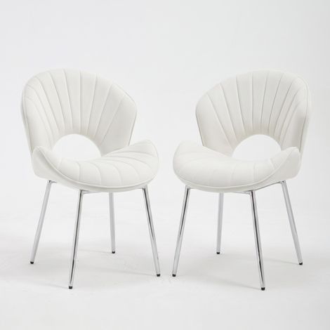 FurnitureR Lot de 2 chaises à manger ivoire, velours, dossier coquille ajouré et pieds métal argentés offrent confort, légèreté et élégance à table (1/5)