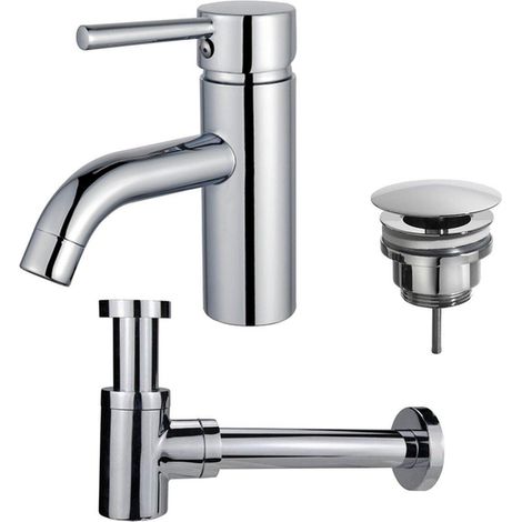 Fortifura Calvi Kit mitigeur lavabo - robinet bas - bonde non-obturable - siphon design bas - Chrome brillant