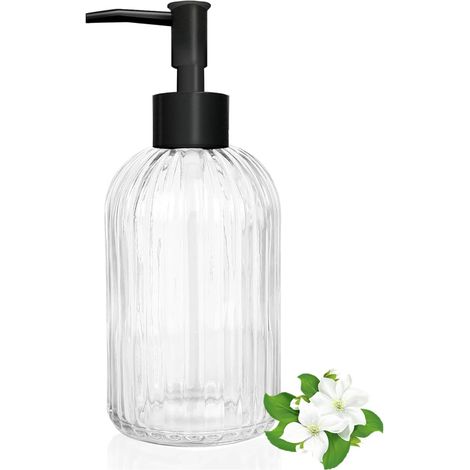 Dispensador de jabón líquido recargable de vidrio transparente a rayas con cabezal de bomba negro de 14 oz para encimera o para desinfectante de manos. (1/5)