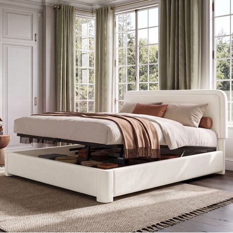 Cama matrimonio con almacenaje elevable Bouclé 160x200 OKMYHOME (1/5)